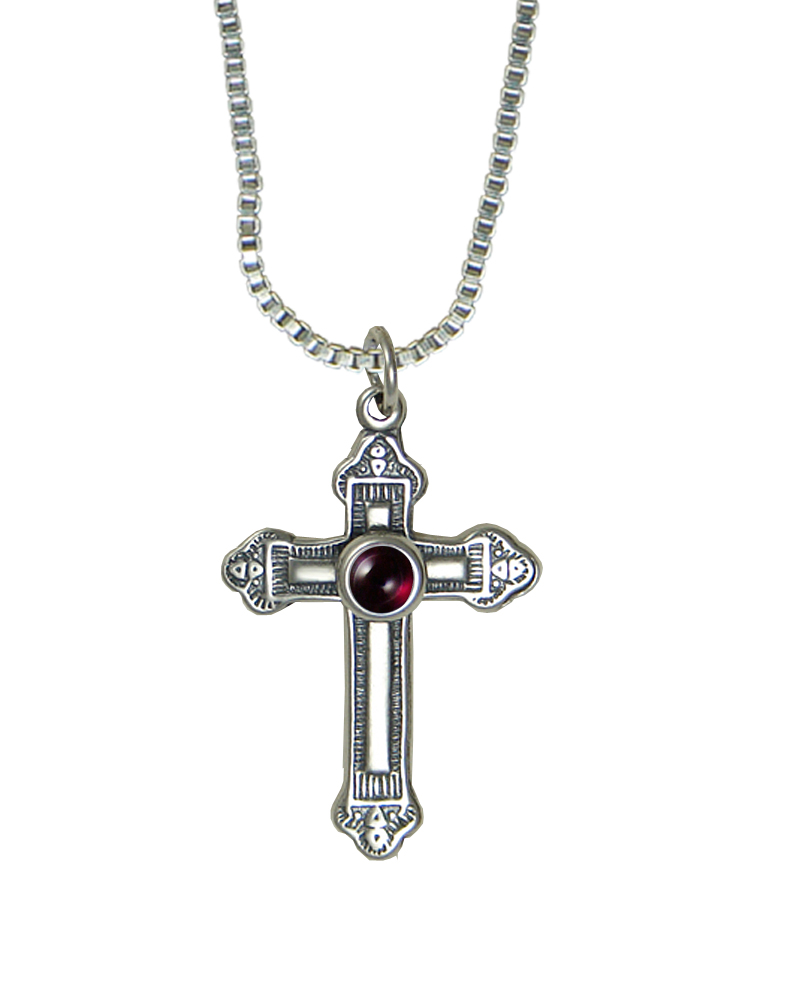 Sterling Silver Small Medieval Cross Pendant With Garnet